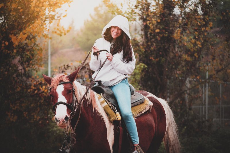 Frau auf braunem Pferd im Wald